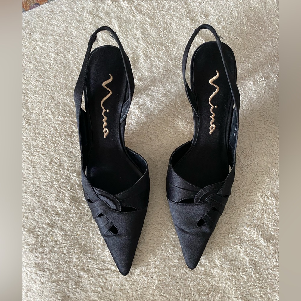 Nina  Black Satin Heels 7.5
